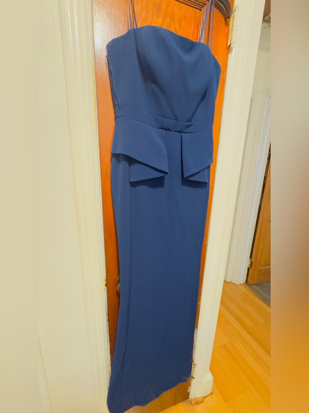 Aidan Mattox Strapless Navy Peplum Gown